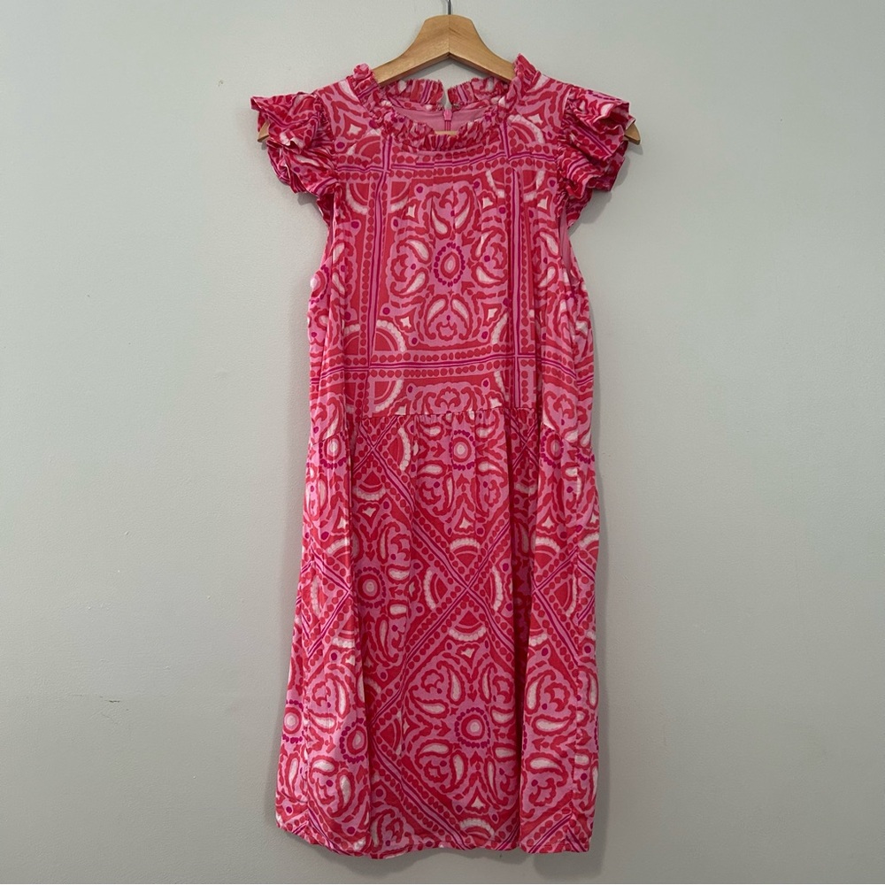 Vineyard Vines Pink Island Scarf Print Ruffle Dress. 2